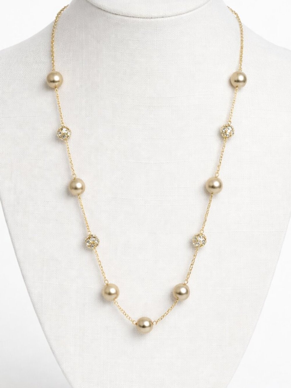 Ann Taylor 18" long goldtone necklace - faux champagne pearl & rhinestone  beads
